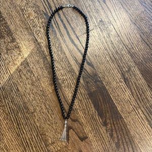 Black Beaded Necklace with Silver Tassel